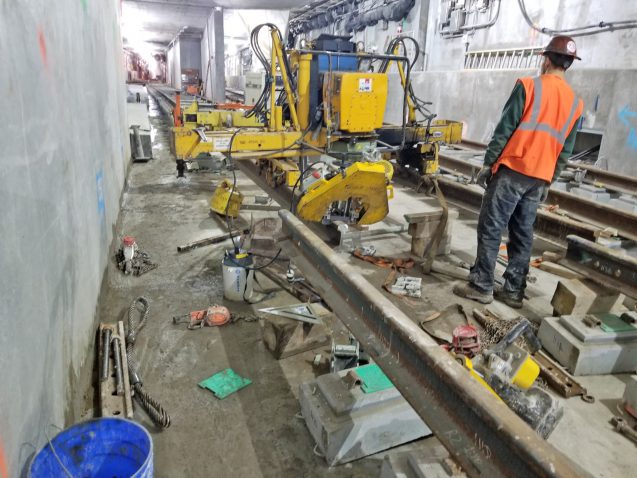 Lifting rail to pour concrete slab that embeds the pre installed resilient tie blocks. 04-19-19
