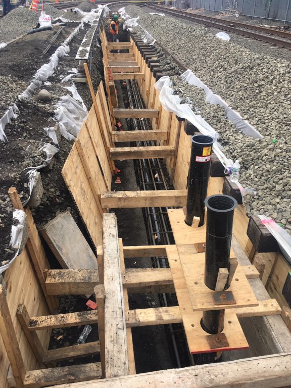 Installed rebar and conduit for the negative traction power ductbank for the future Mid-Day Storage Yard in Queens. 04-12-19