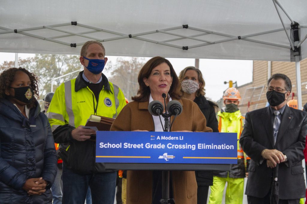 Lt. Gov. Kathy Hochul addresses the media at the opening of the School Street underpass